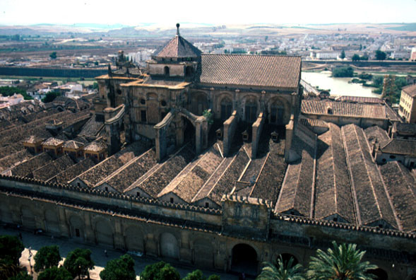 great mosque of cordoba aerial view with cathedral in middle